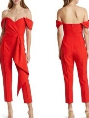 Lavish Alice Off-Shoulder Red Jumpsuit with Draped Detail